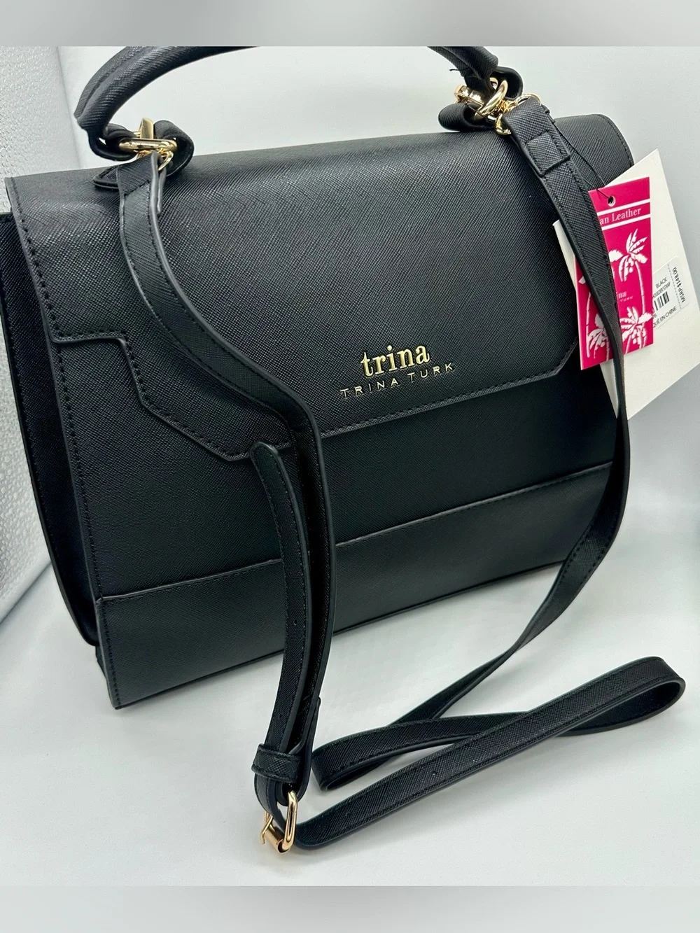 NWT Trina Turk Black Top Handle Satchel Crossbody Bag Gold Hardware MSRP $148